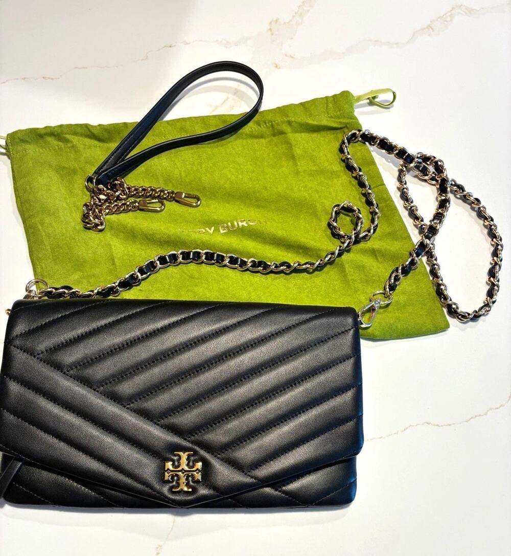 Tory Burch Kira Chevron Clutch Black Leather Convertible Crossbody w/ Dust Bag